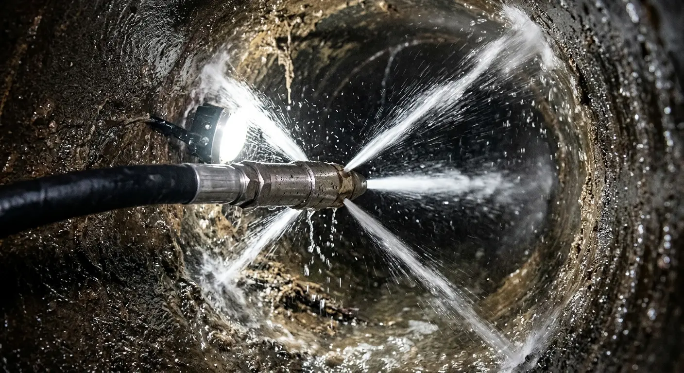 High-pressure hydro jetting nozzle cleaning sewer pipe for Trenchless Sewer Repair in Marlboro Village