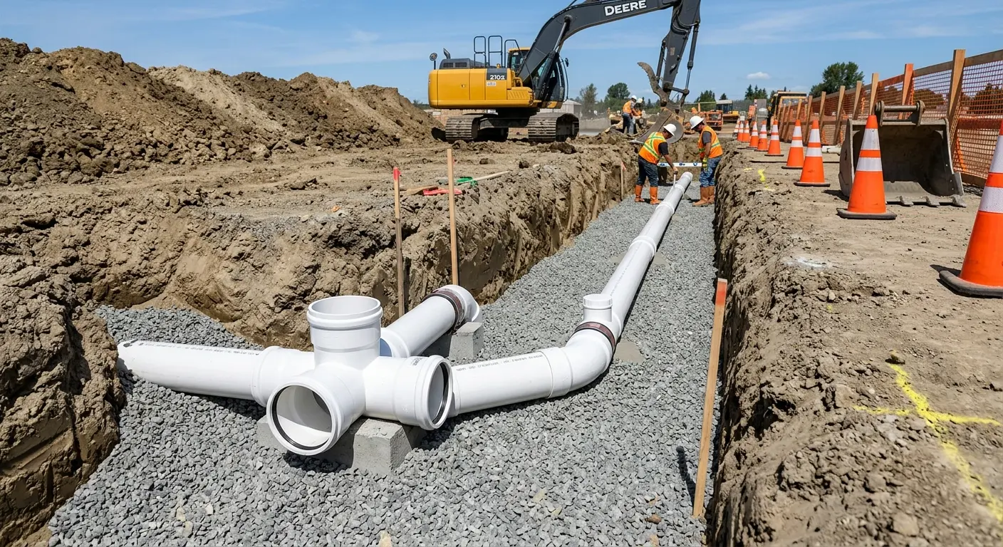 New PVC sewer pipe installation in open trench for Sewer Backup in Marlboro Village