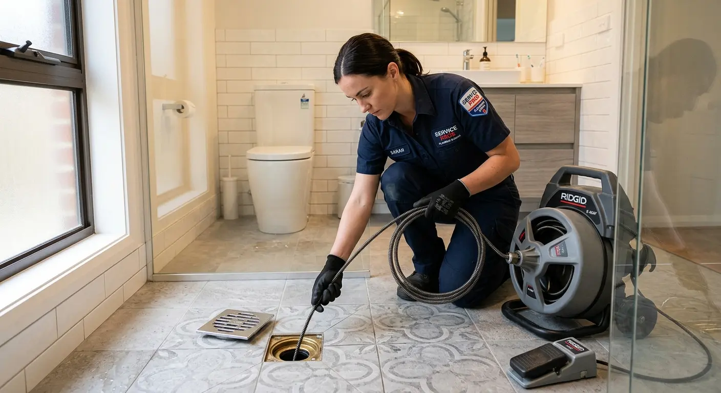 Technician clearing a bathroom floor drain for Drain Repair in Marlboro Village